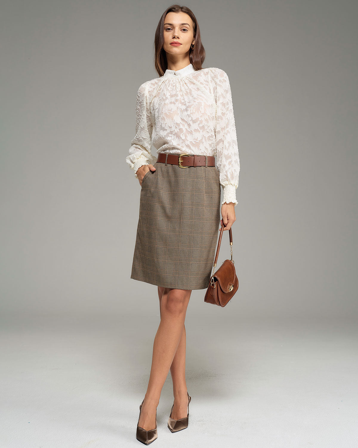 Khaki Plaid Natural Waisted Pencil Skirt