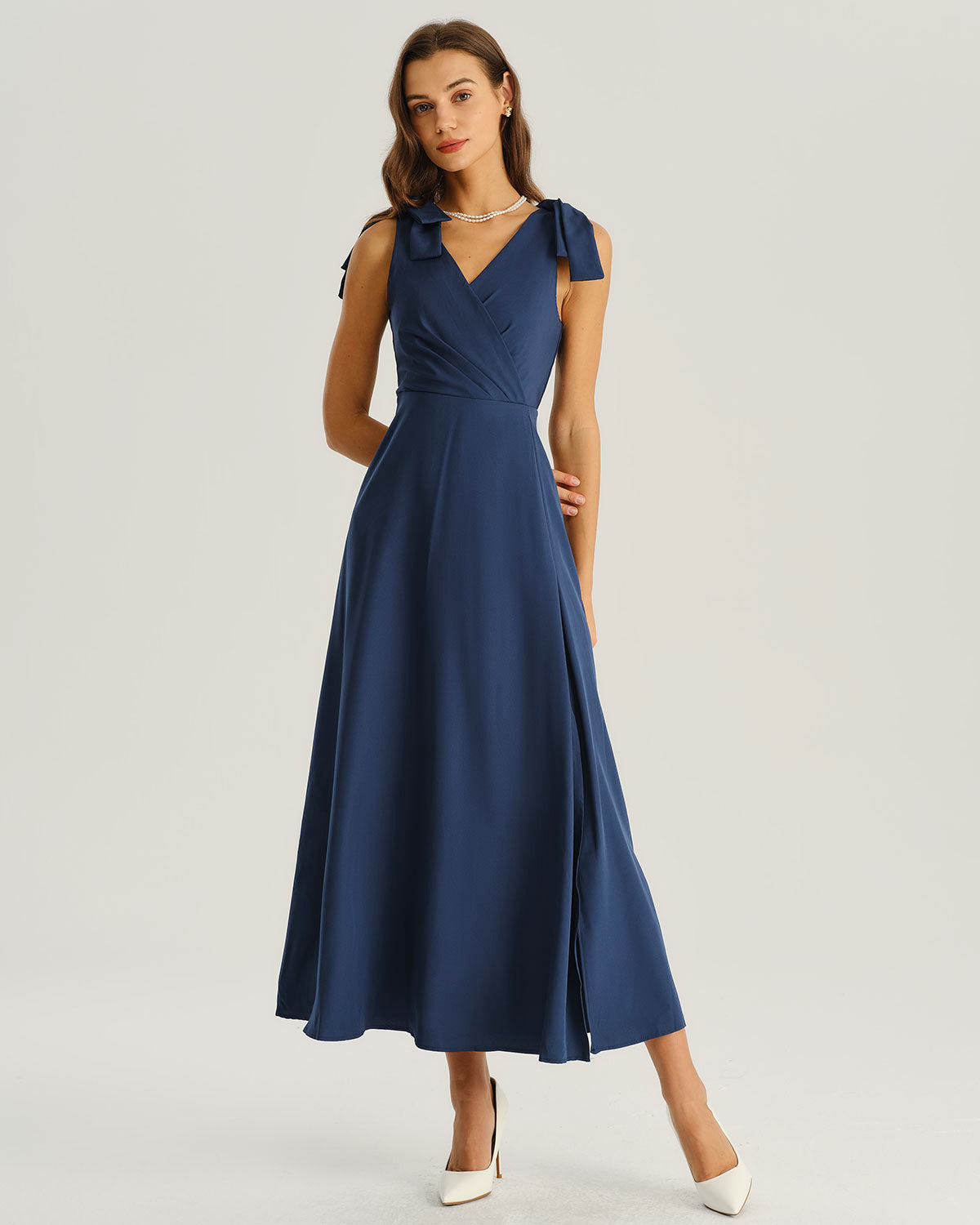 Navy Ruched Wrap A-Line Maxi Dress