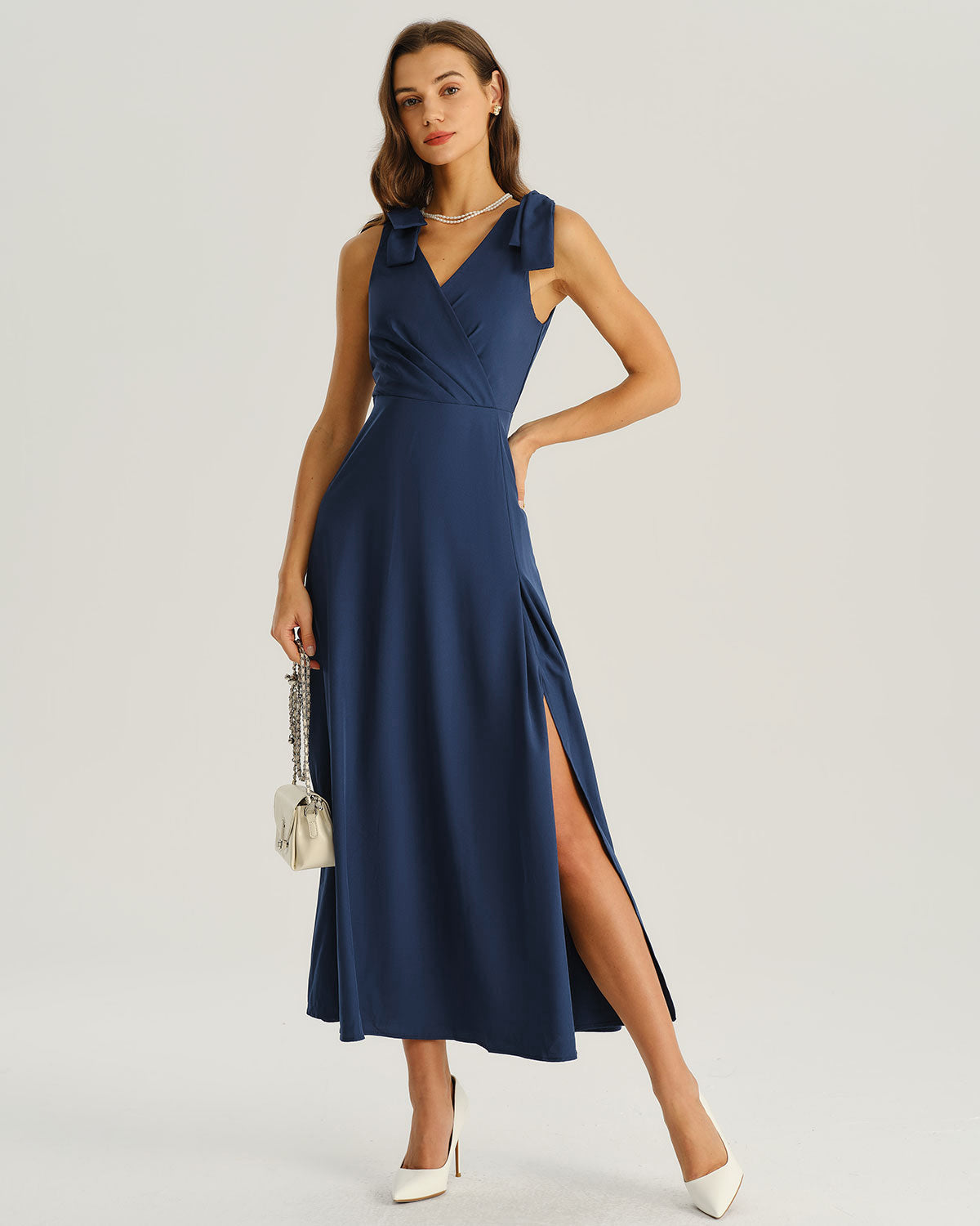 Navy Ruched Wrap A-Line Maxi Dress