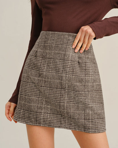 Brown Plaid Straight Mini Skirt