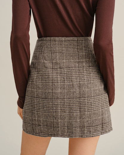 Brown Plaid Straight Mini Skirt