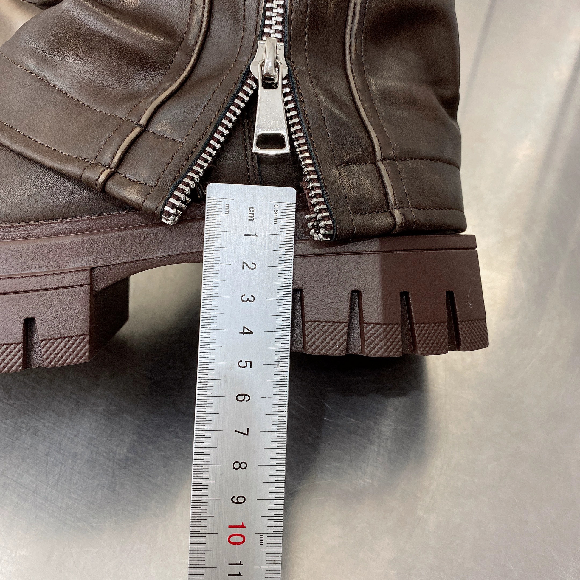 Asyllum Platform fold over chunky vegan leather boots brown, heel detail 