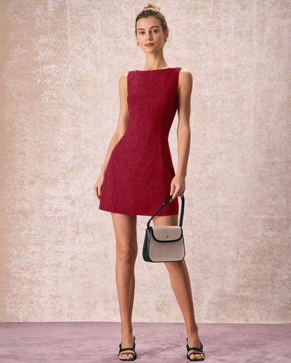 Red Boat Neck A-Line Sleeveless Mini Dress
