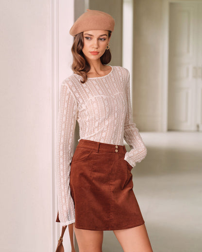 Brown Corduroy A-Line Mini Skirt
