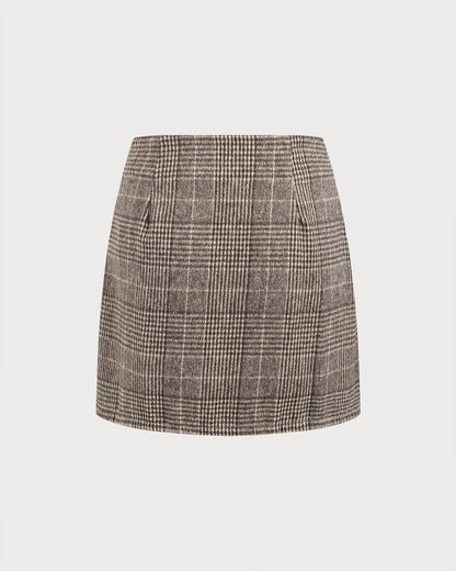 Brown Plaid Straight Mini Skirt