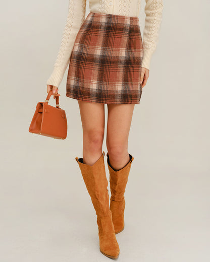Orange Plaid Natural Waisted Mini Skirt