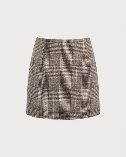 Brown Plaid Straight Mini Skirt